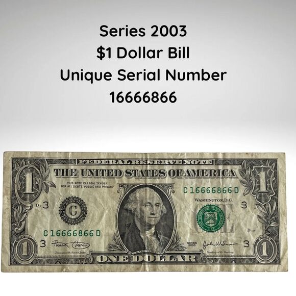 2003 $1 Bill – Fancy Serial Number 16666866 – Repeater / Near-Mirror – Circulate - Picture 1 of 3
